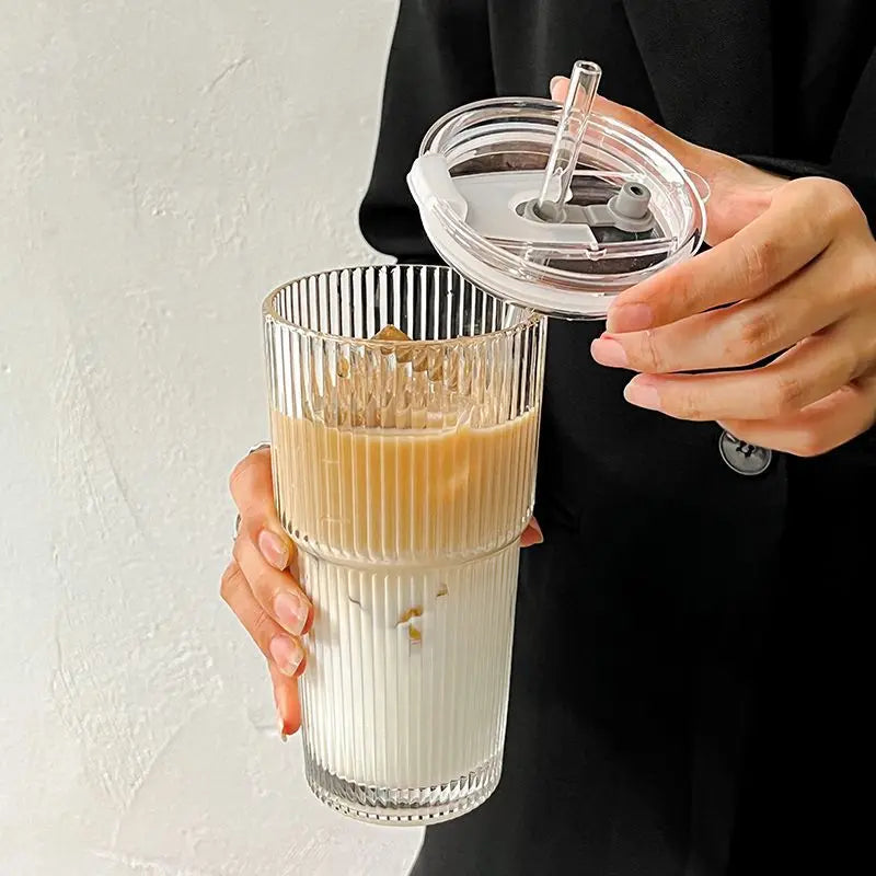 Glass Coffee Cup With Lid and Straw