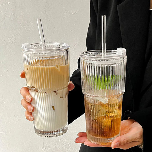 Glass Coffee Cup With Lid and Straw