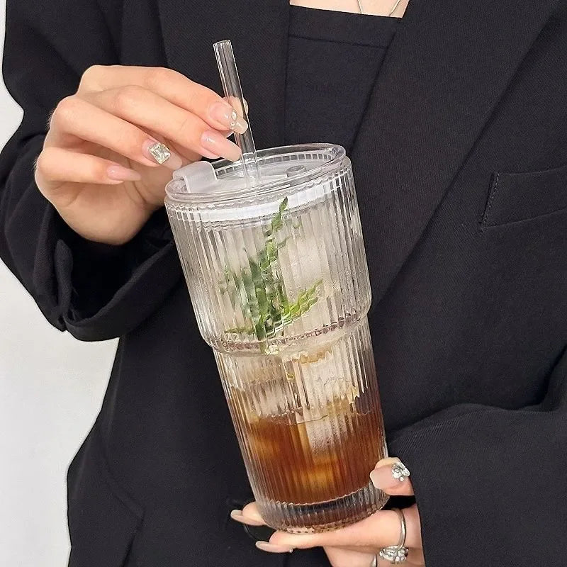 Glass Coffee Cup With Lid and Straw