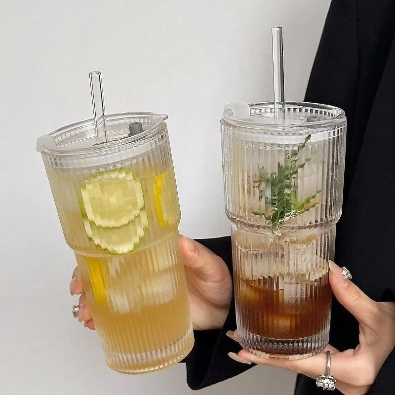 Glass Coffee Cup With Lid and Straw